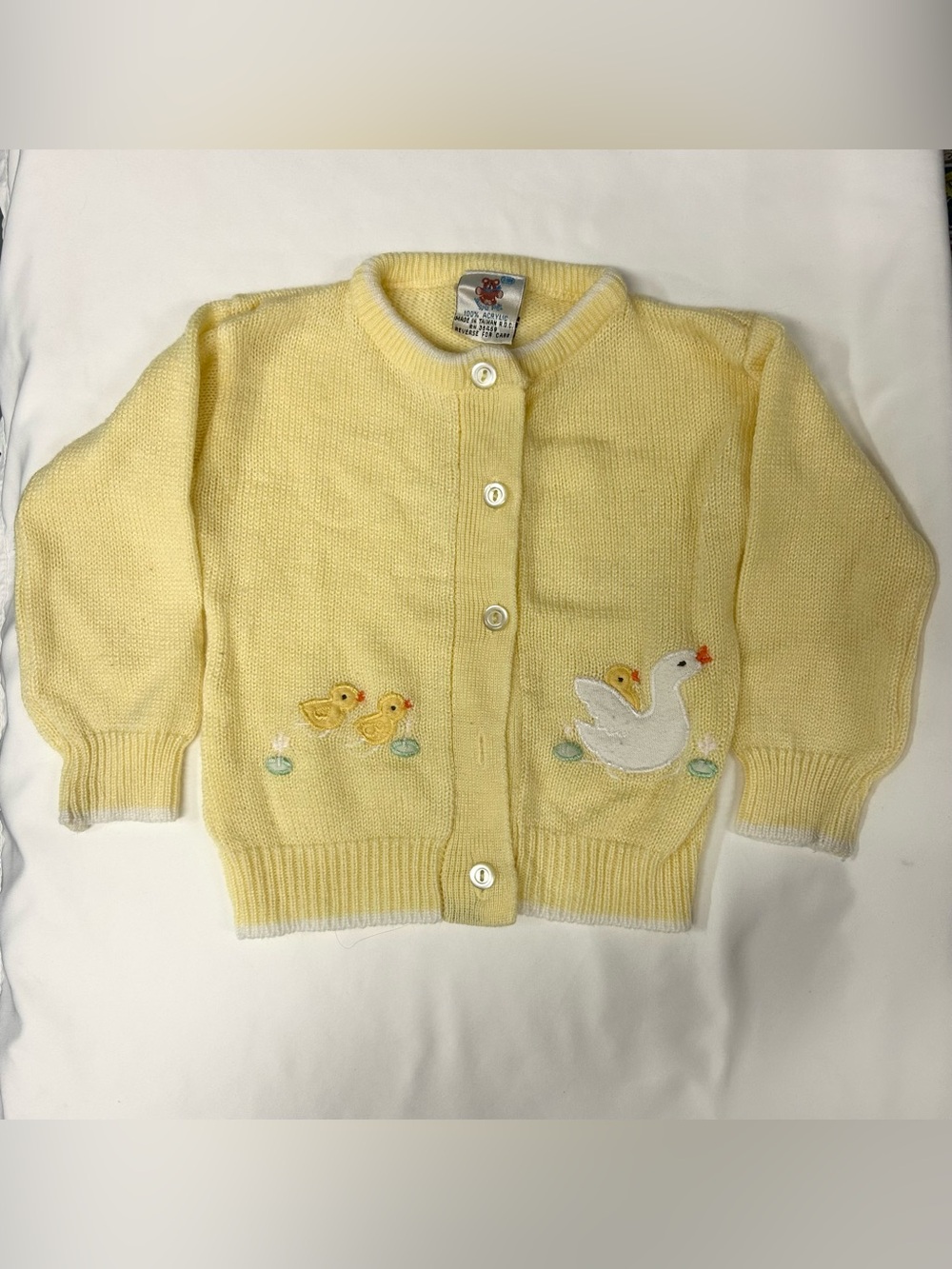 VTG 1980s 3-6 Month Snuggle Alert Yellow Knit Cardigan Sweater Duck Embroidered